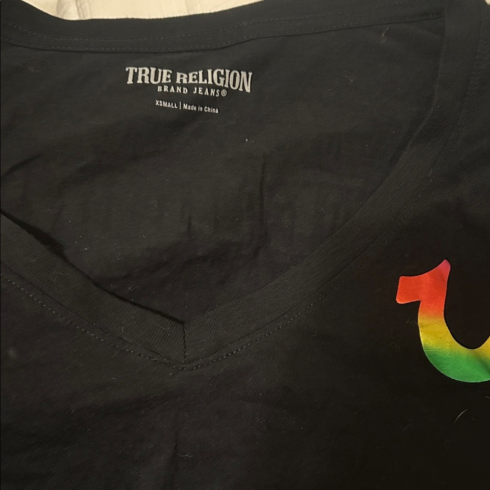 True Religion Women’s Black V-Neck Tee with Rainbow Horseshoe Accent